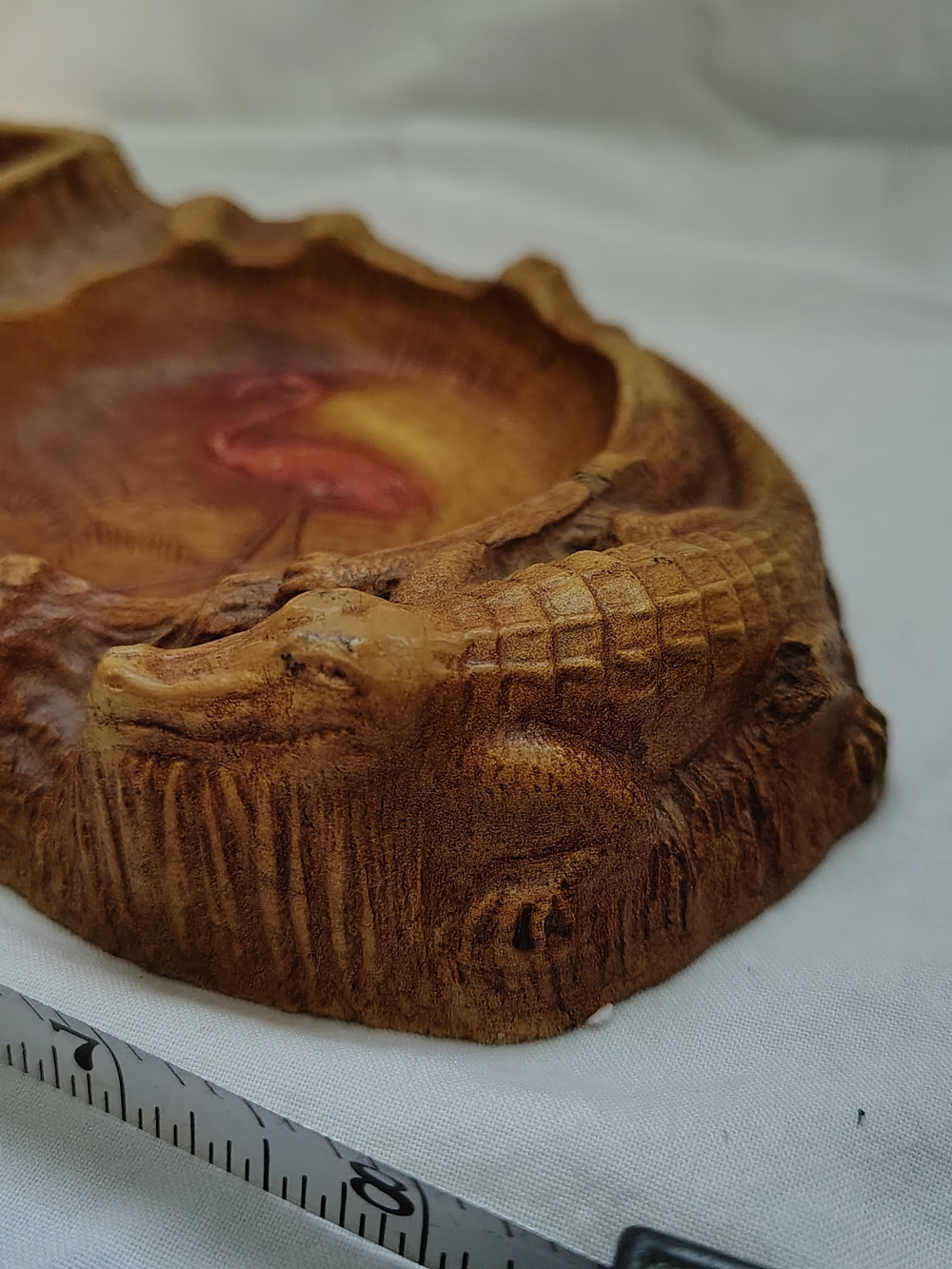 Carved Wooden Trinket Dish with Flamingo Detail - Brown